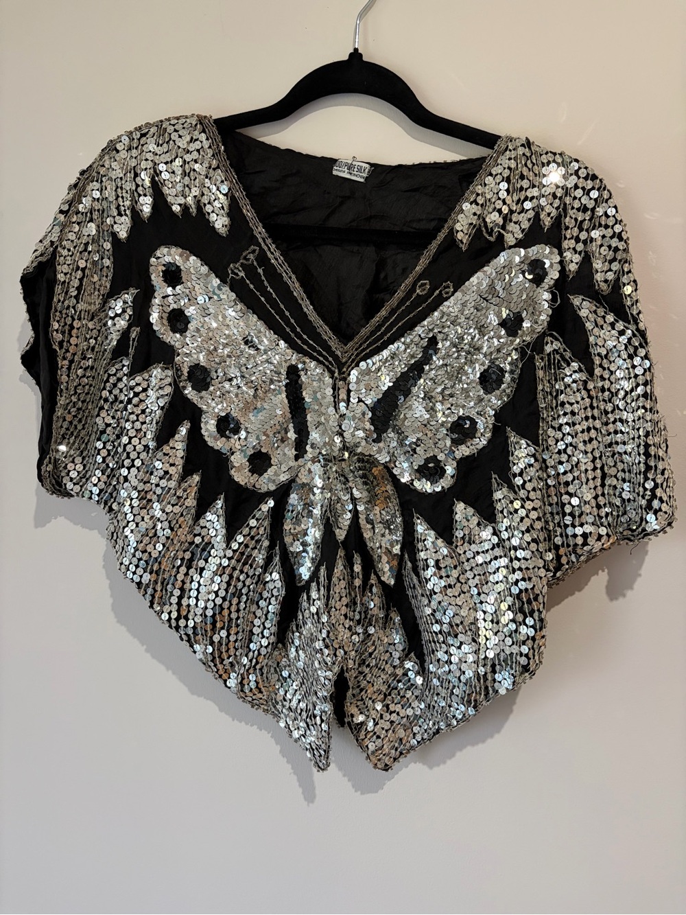 RARE Y2K 100% silk black blouse poncho top with Silver Sequin Butterfly